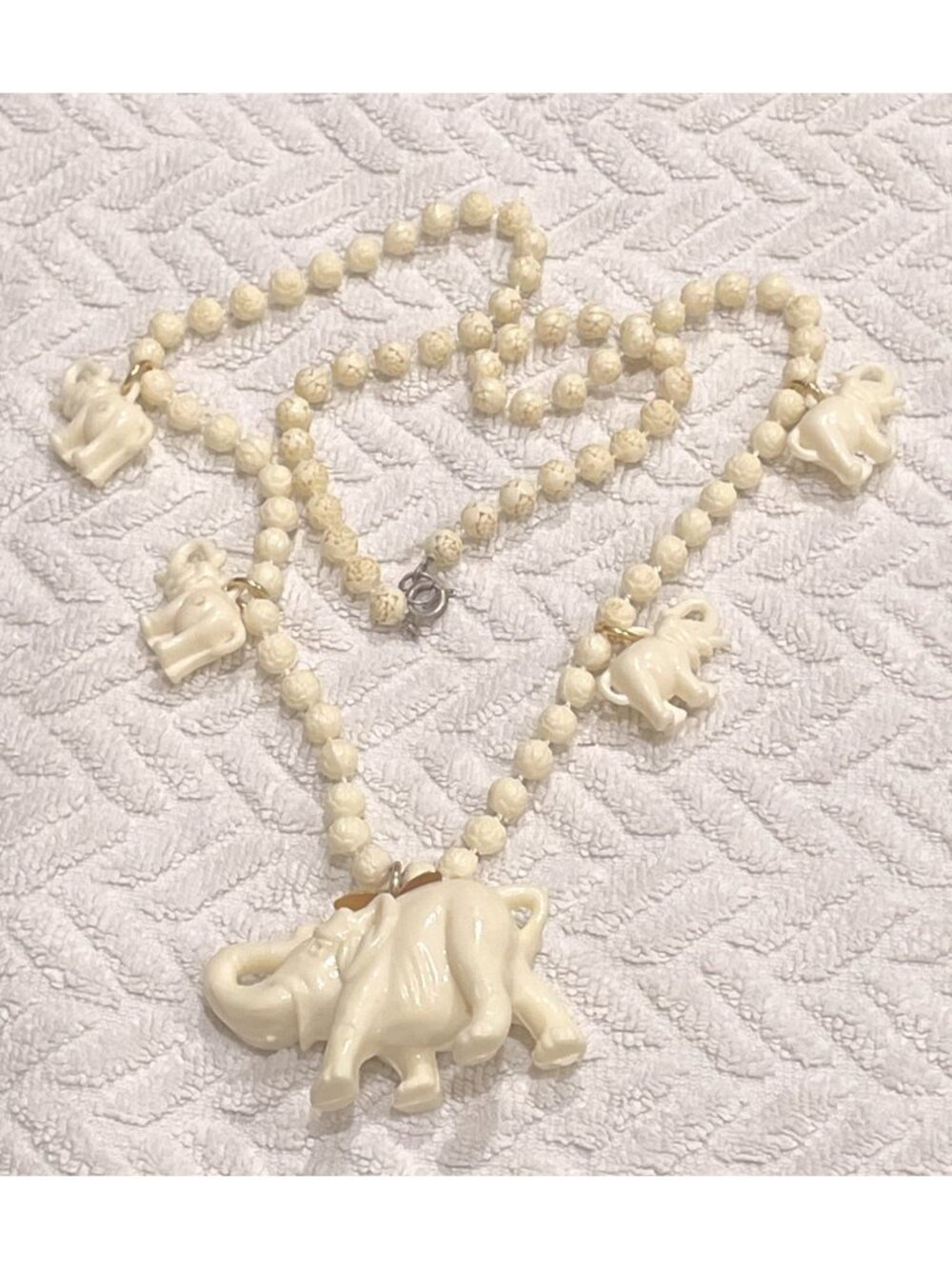 Vintage Art Deco Celluloid Lucky Elephant Necklace Molded Rose Beads 24"